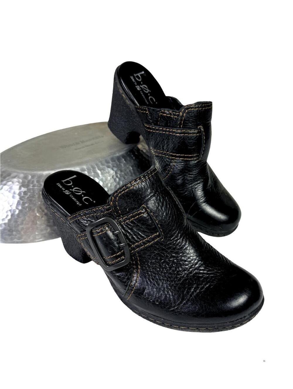 B.O.C. Born Concept Black Leather Buckle Clog Mules Womens 8